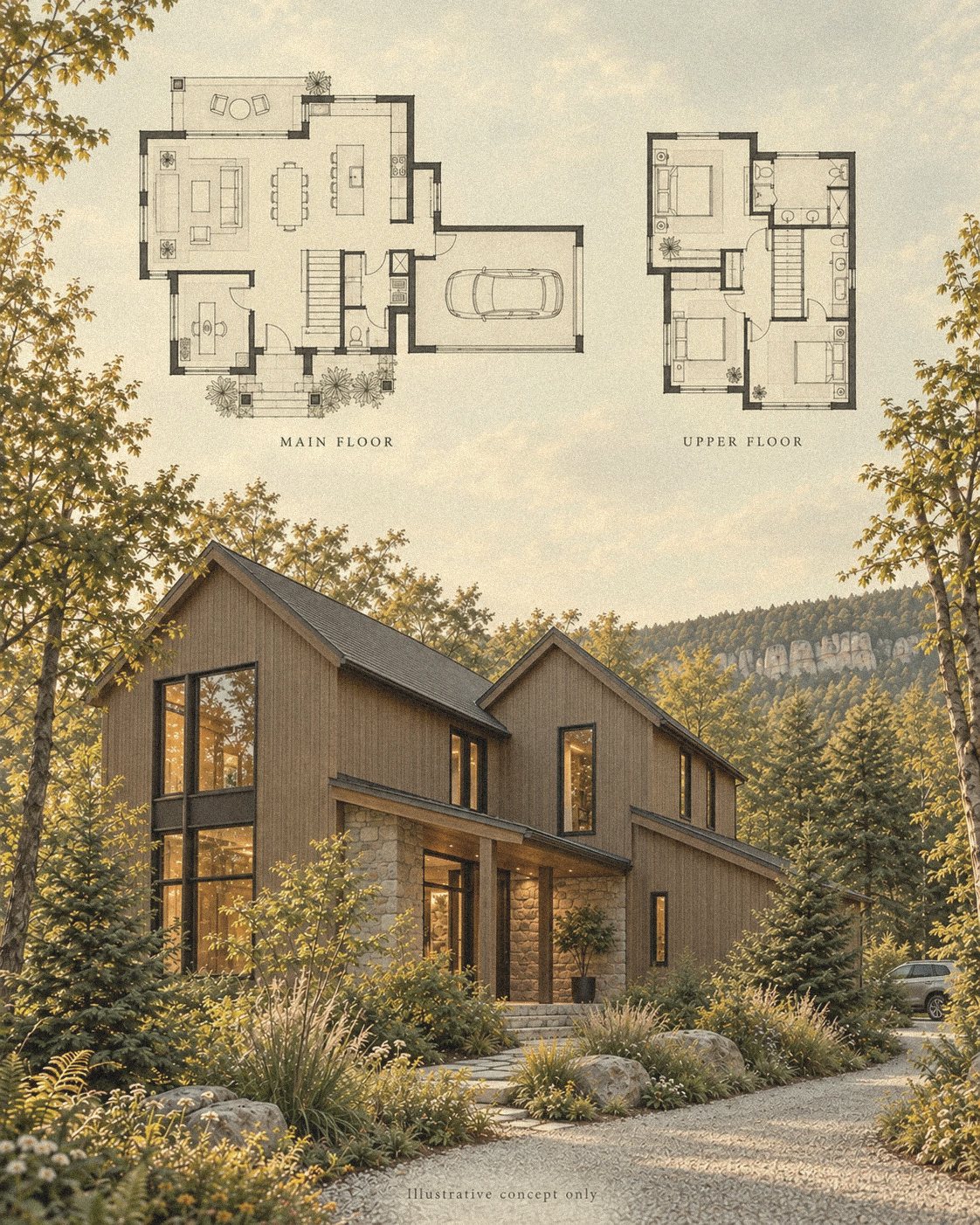 Artist's concept: main and upper floor plans above a two-storey home in vertical wood and natural stone