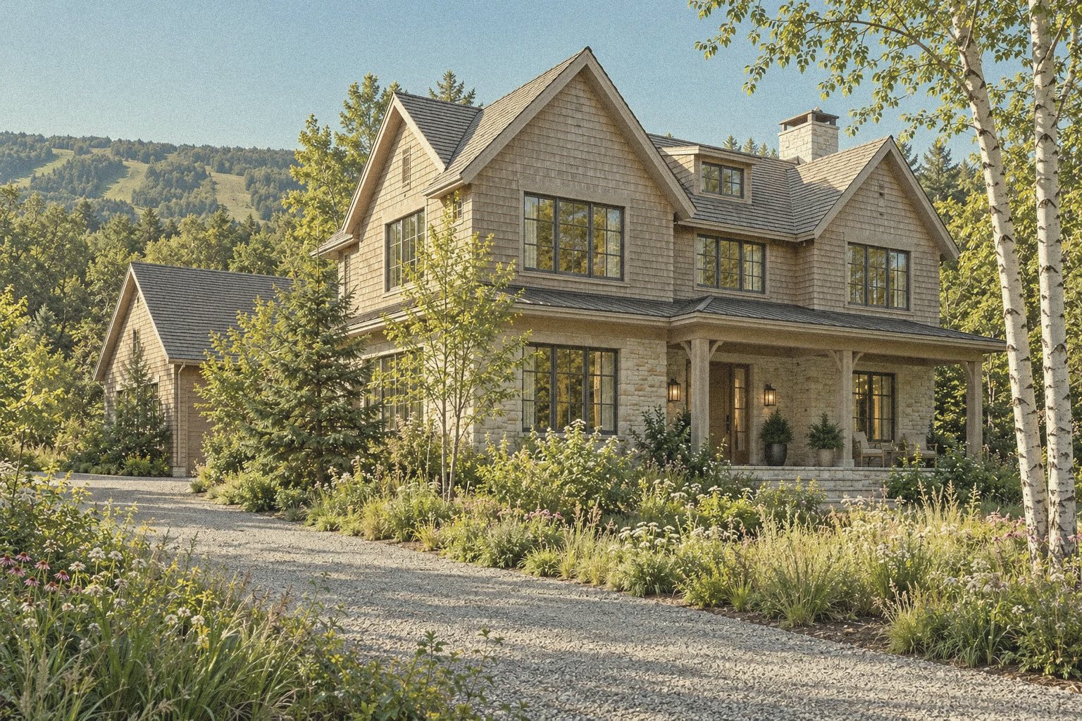 Artist's concept: cedar shake and stone home with a covered porch and meadow garden