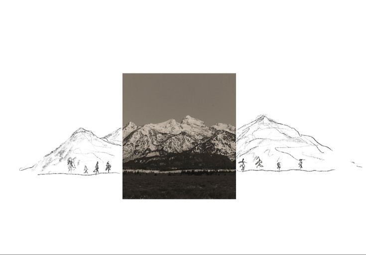Line drawing of a mountain range around a photo of the hills