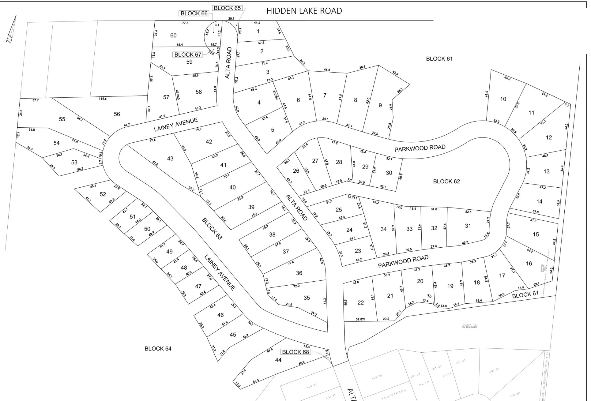 ALTA Phase II site plan showing lots 1 to 60 along Alta Road, Lainey Avenue and Parkwood Road